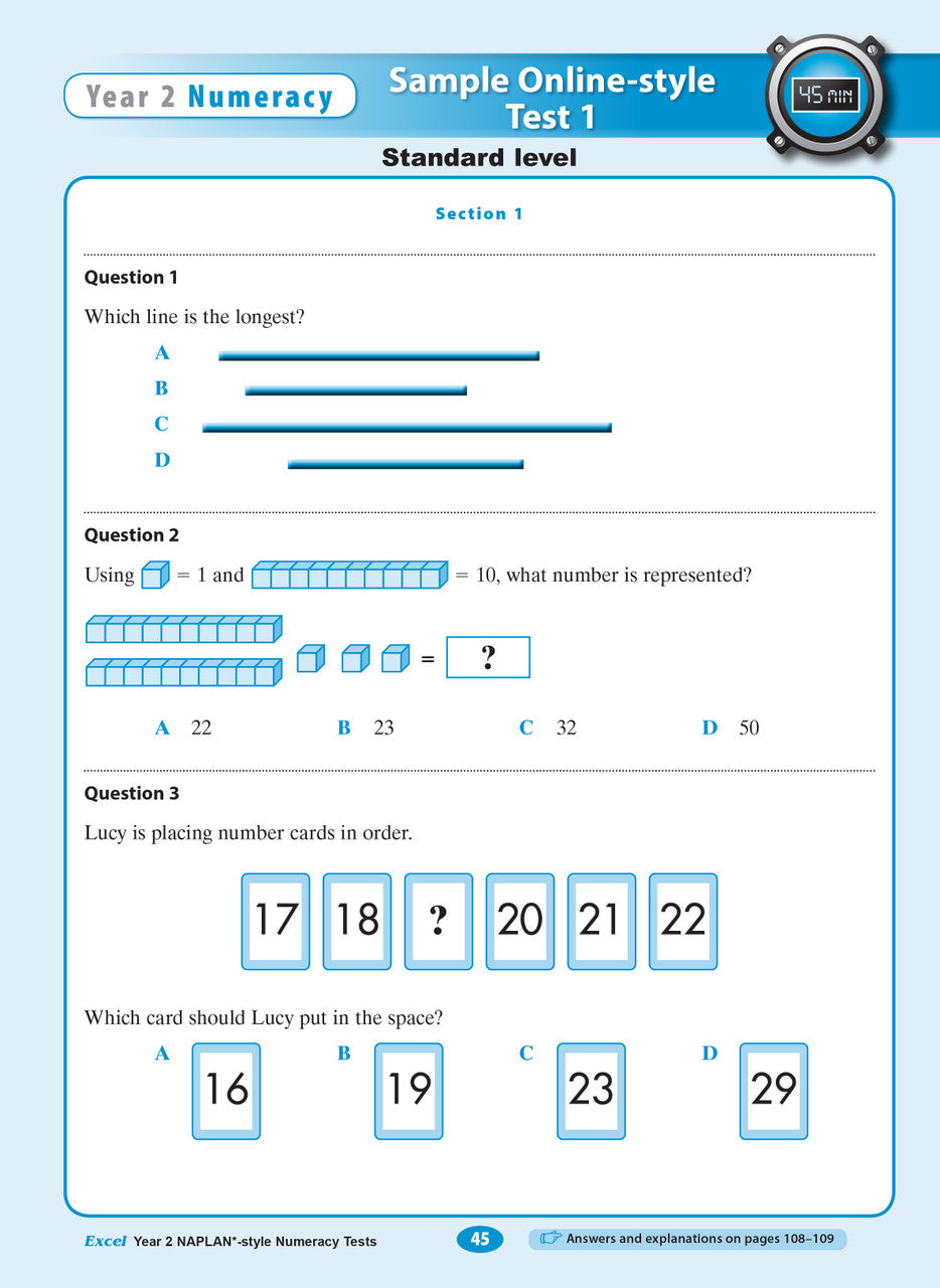 Sample interior page of the Excel Year 2 NAPLAN-style Numeracy Tests workbook showing practice questions, from the publisher gallery