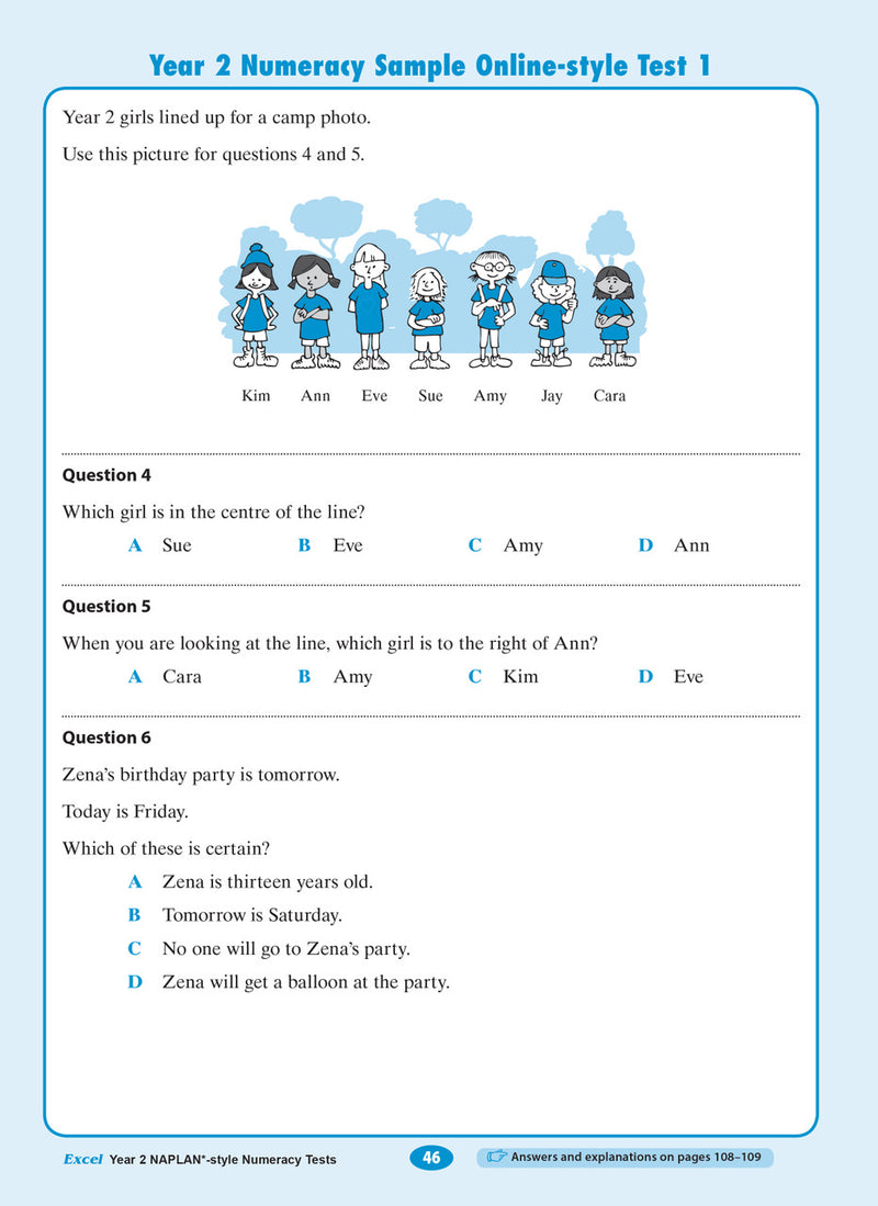 Sample interior page of the Excel Year 2 NAPLAN-style Numeracy Tests workbook showing practice questions, from the publisher gallery