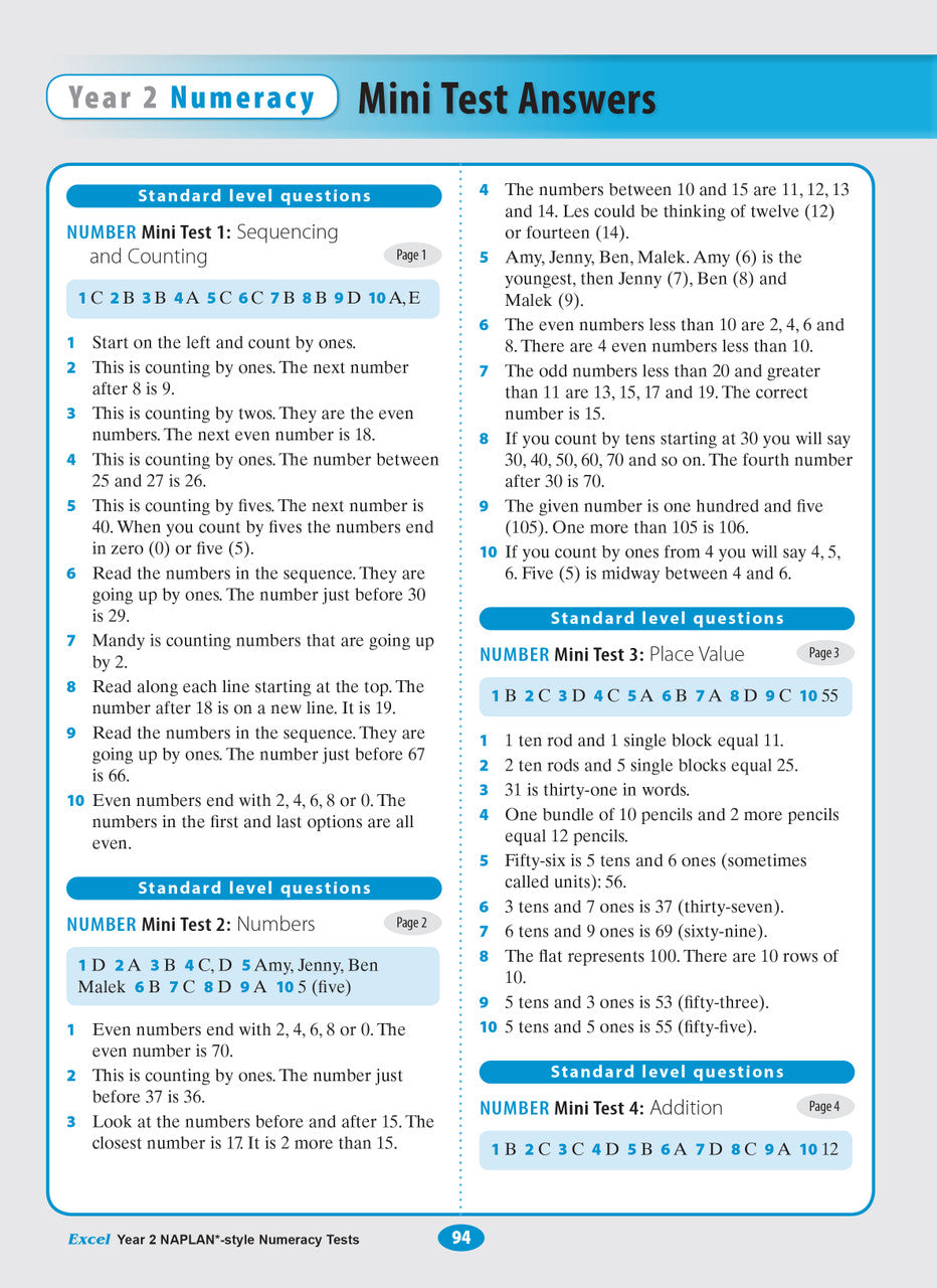 Sample interior page of the Excel Year 2 NAPLAN-style Numeracy Tests workbook showing practice questions, from the publisher gallery