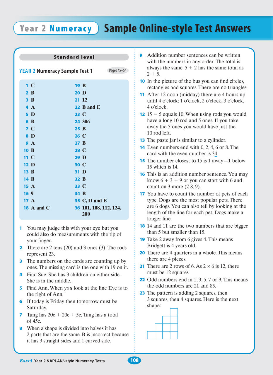Sample interior page of the Excel Year 2 NAPLAN-style Numeracy Tests workbook showing practice questions, from the publisher gallery