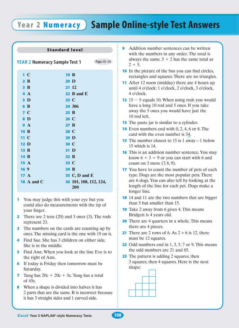 Sample interior page of the Excel Year 2 NAPLAN-style Numeracy Tests workbook showing practice questions, from the publisher gallery