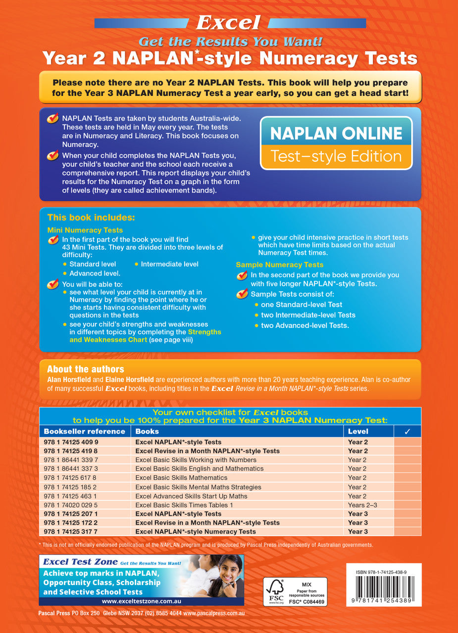 Back cover of the Excel Year 2 NAPLAN-style Numeracy Tests workbook with the publisher's blurb