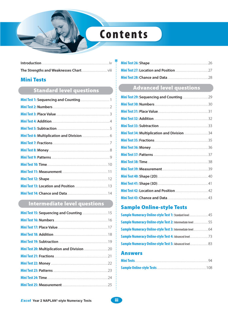 Contents page listing the sections and tests in the Excel Year 2 NAPLAN-style Numeracy Tests workbook