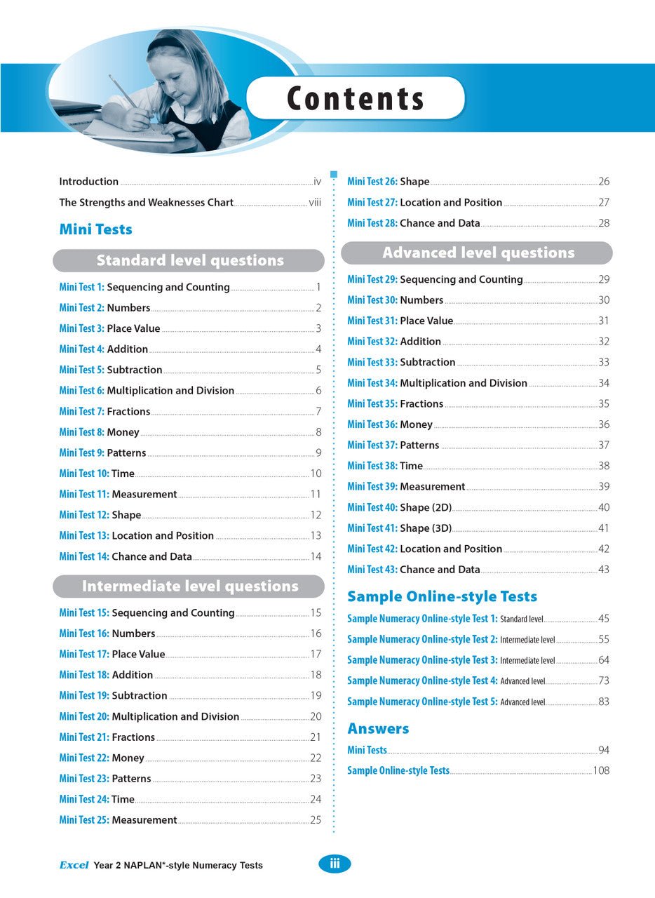 Contents page listing the sections and tests in the Excel Year 2 NAPLAN-style Numeracy Tests workbook