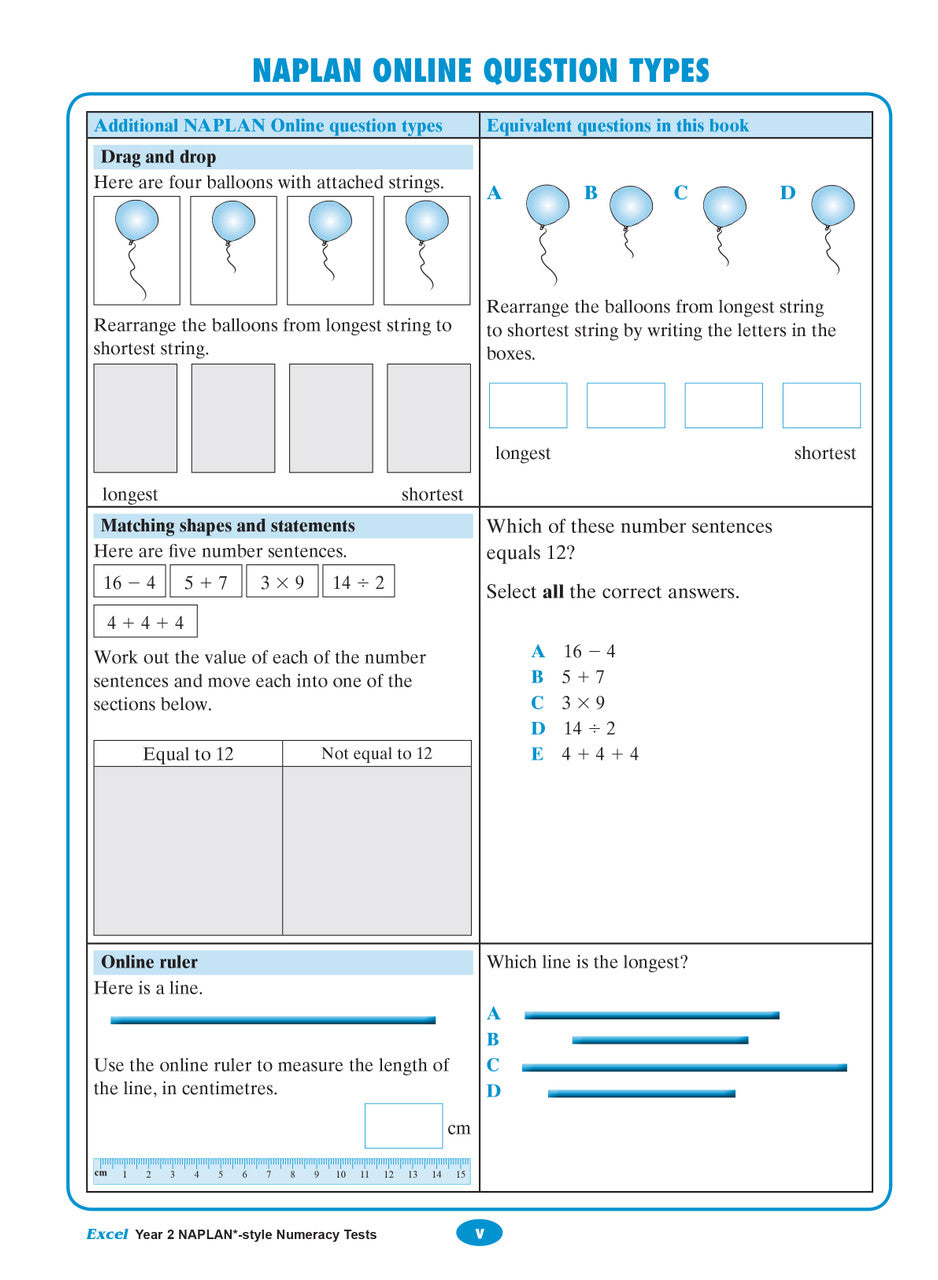Front-matter page from the Excel Year 2 NAPLAN-style Numeracy Tests workbook explaining how to use the book, from the publisher gallery