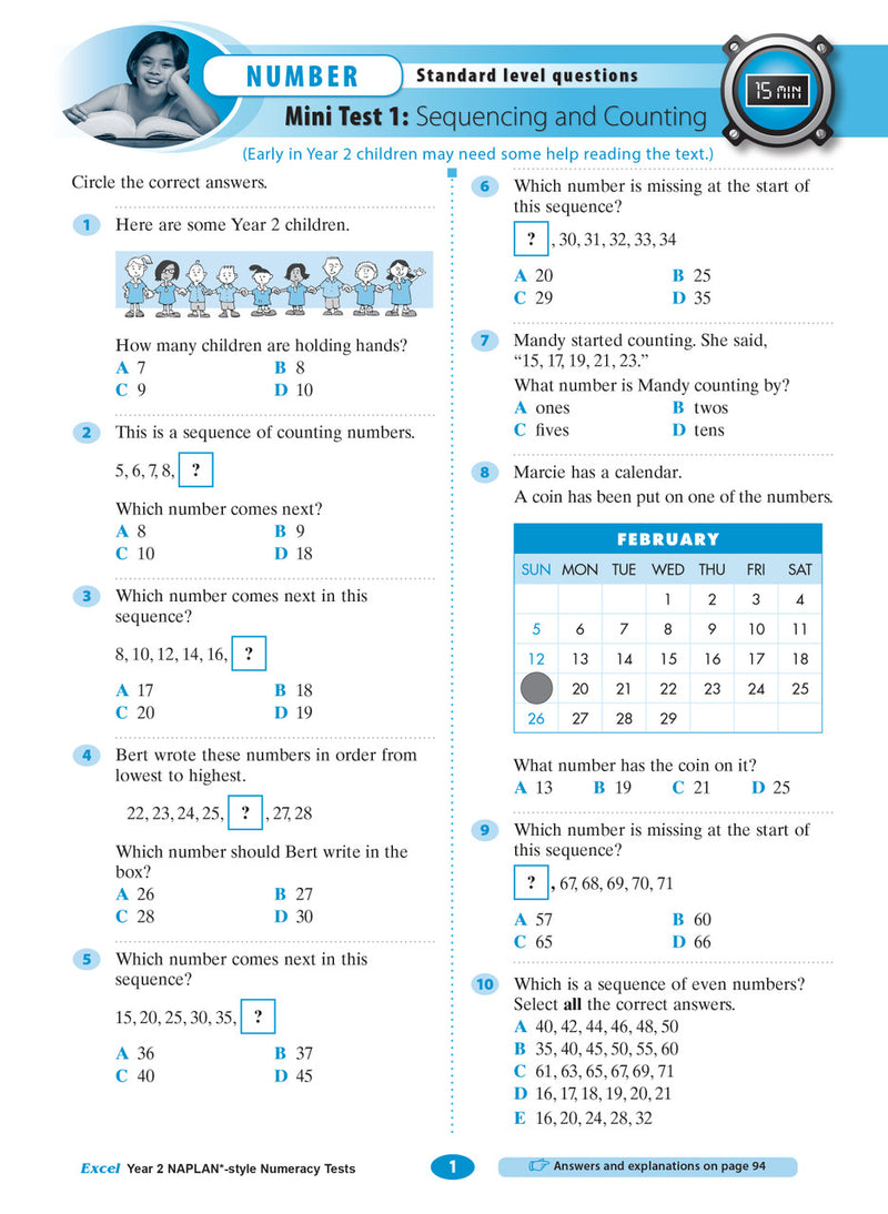 Sample interior page of the Excel Year 2 NAPLAN-style Numeracy Tests workbook showing practice questions, from the publisher gallery