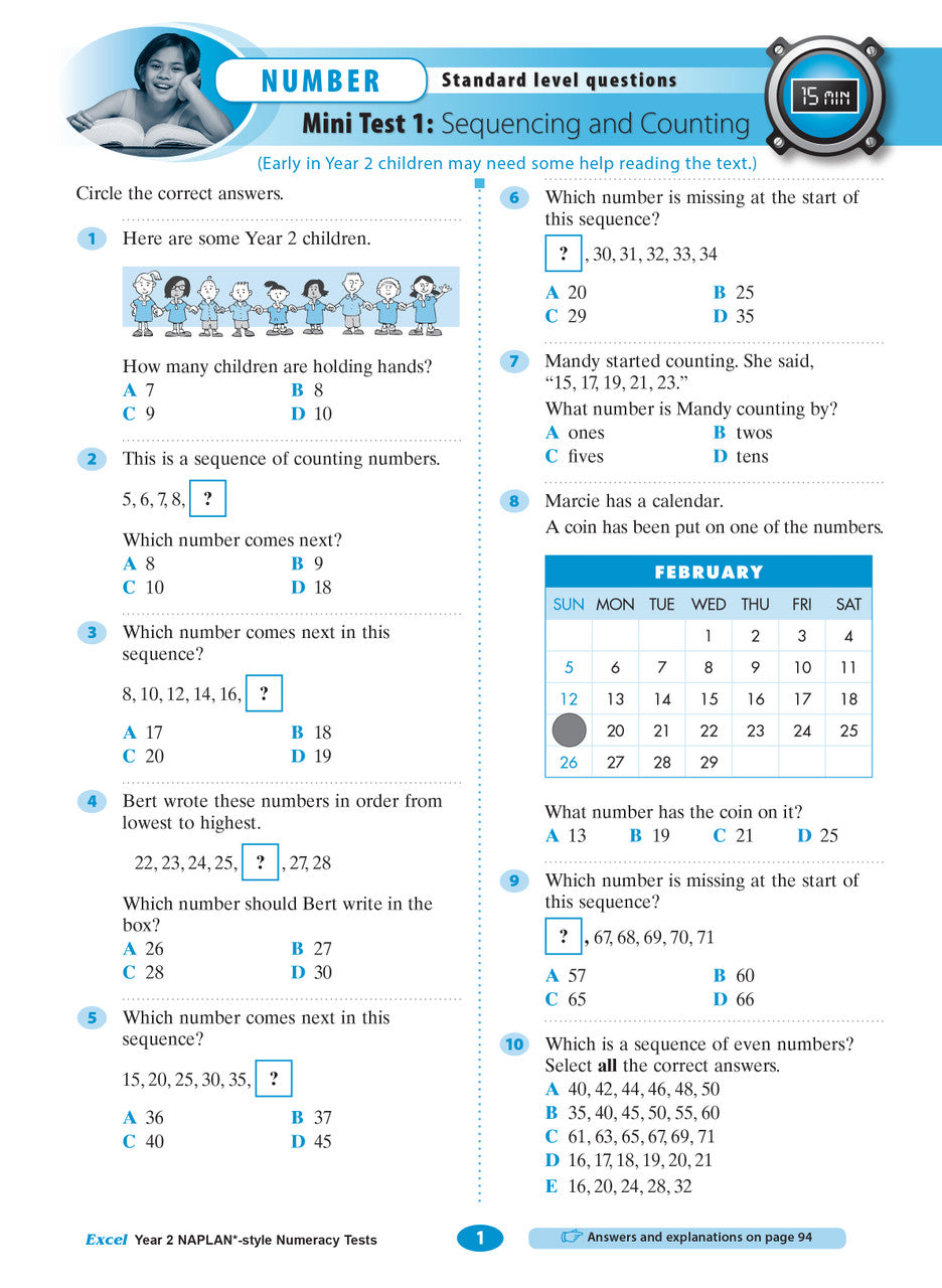 Sample interior page of the Excel Year 2 NAPLAN-style Numeracy Tests workbook showing practice questions, from the publisher gallery