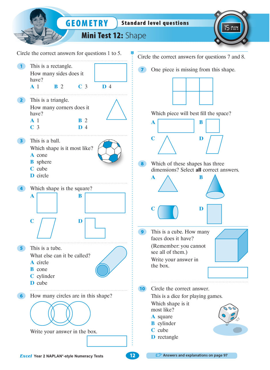 Sample interior page of the Excel Year 2 NAPLAN-style Numeracy Tests workbook showing practice questions, from the publisher gallery