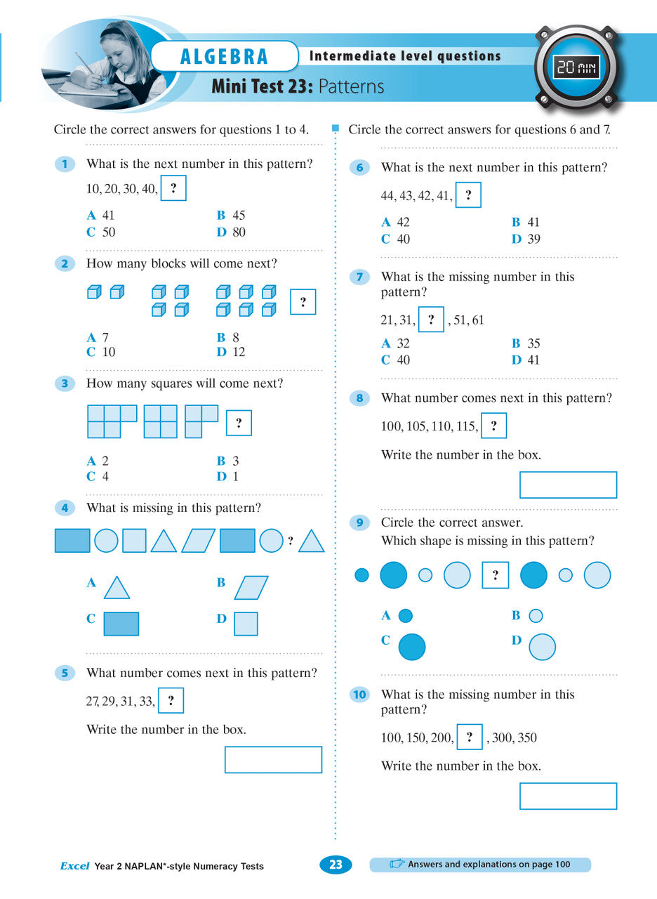 Sample interior page of the Excel Year 2 NAPLAN-style Numeracy Tests workbook showing practice questions, from the publisher gallery