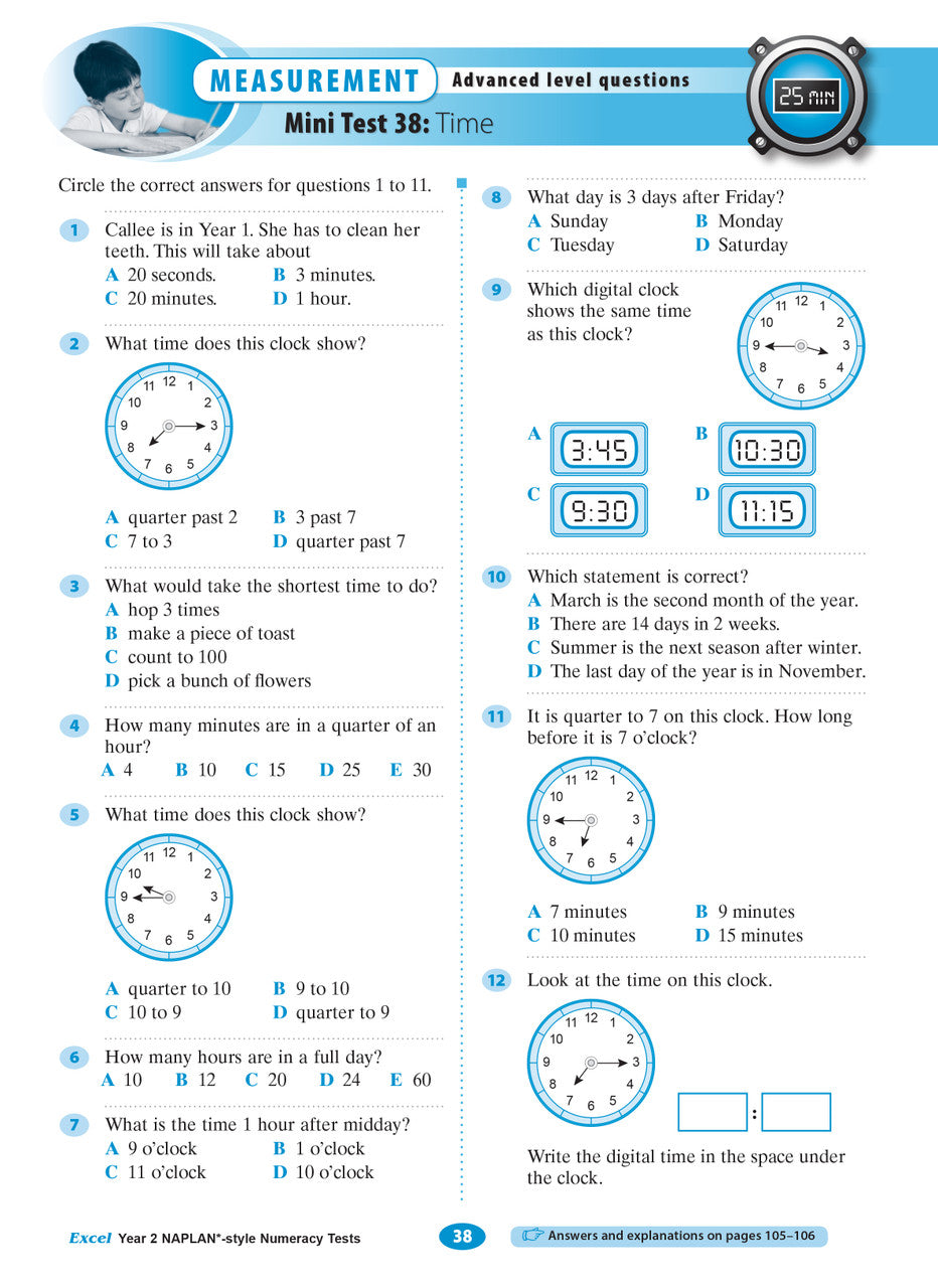 Sample interior page of the Excel Year 2 NAPLAN-style Numeracy Tests workbook showing practice questions, from the publisher gallery