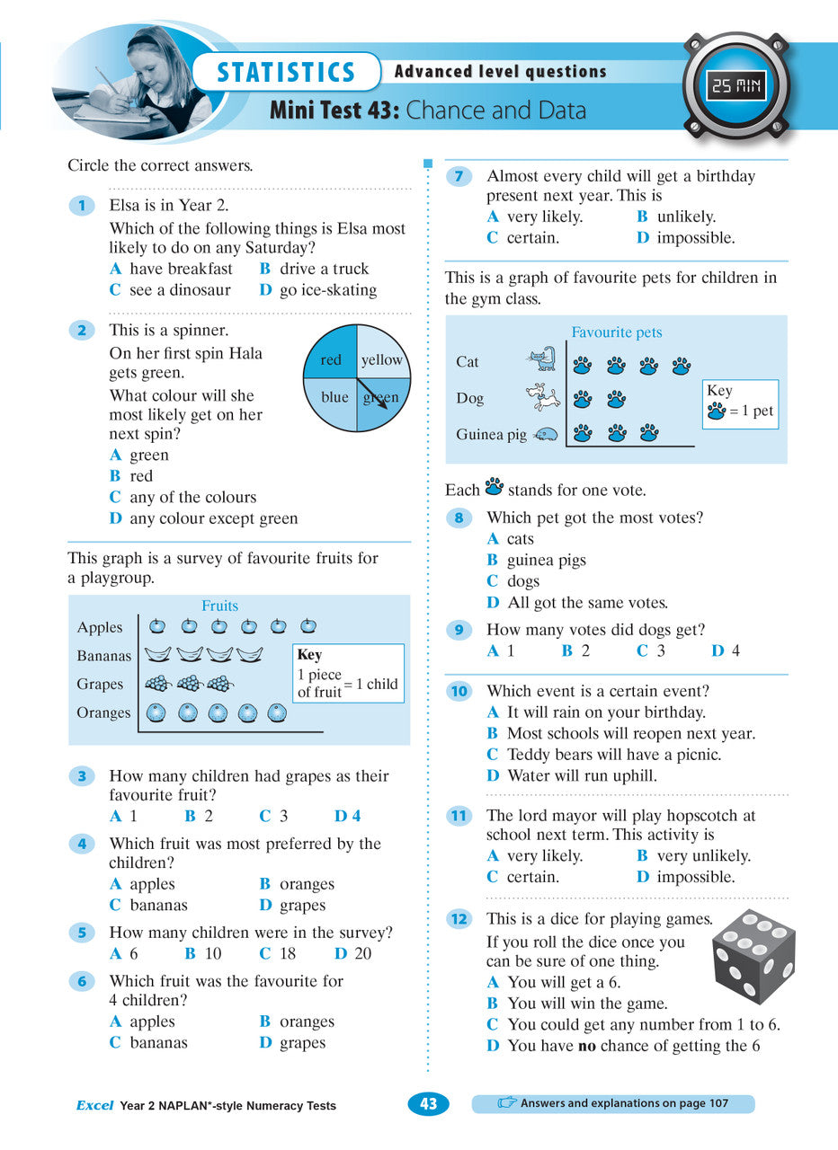 Sample interior page of the Excel Year 2 NAPLAN-style Numeracy Tests workbook showing practice questions, from the publisher gallery