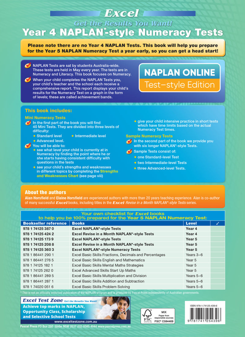 Back cover of the Excel Year 4 NAPLAN-style Numeracy Tests workbook as shown at the end of the publisher gallery