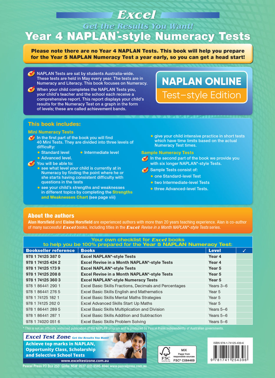 Back cover of the Excel Year 4 NAPLAN-style Numeracy Tests workbook as shown at the end of the publisher gallery