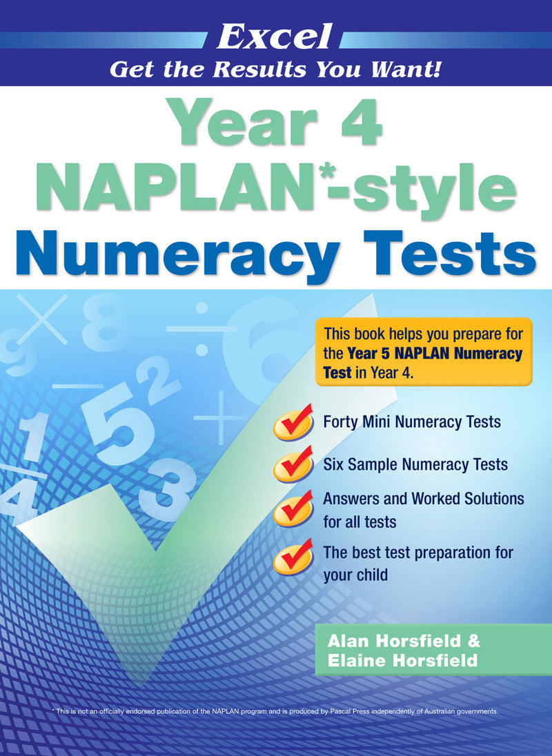 Front cover of the Excel Year 4 NAPLAN-style Numeracy Tests workbook from Pascal Press