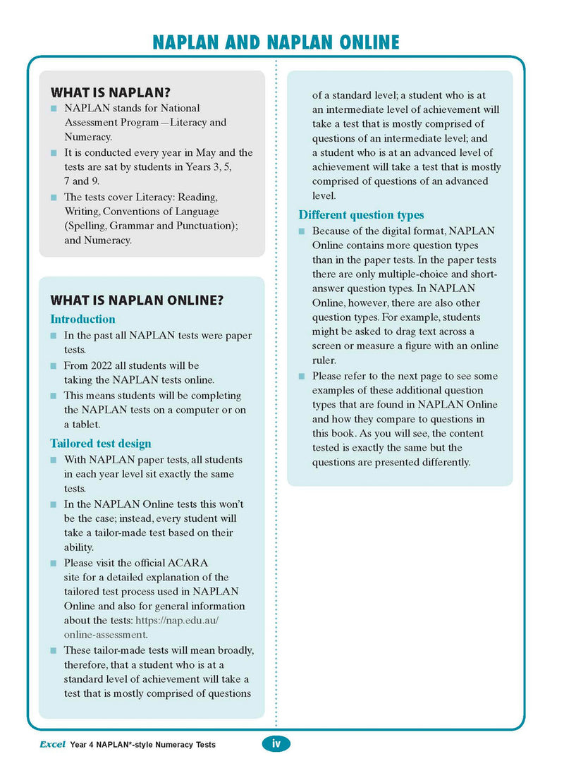 The second sample interior page from the Excel Year 4 NAPLAN-style Numeracy Tests workbook as shown in the publisher gallery