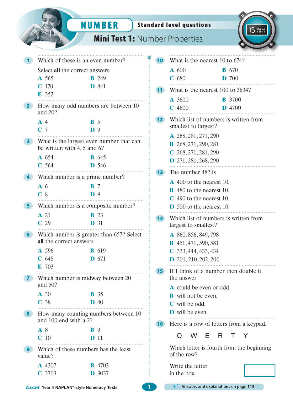 The seventh sample interior page from the Excel Year 4 NAPLAN-style Numeracy Tests workbook as shown in the publisher gallery