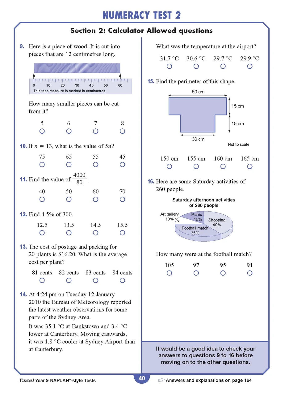 Sample interior page from the Excel NAPLAN-style Tests Year 9 workbook, as shown in the Pascal Press product gallery