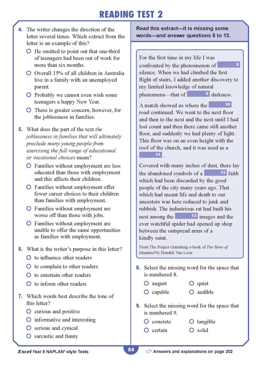 Sample interior page from the Excel NAPLAN-style Tests Year 9 workbook, as shown in the Pascal Press product gallery