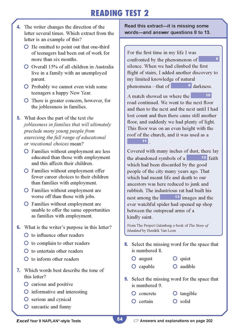 Sample interior page from the Excel NAPLAN-style Tests Year 9 workbook, as shown in the Pascal Press product gallery