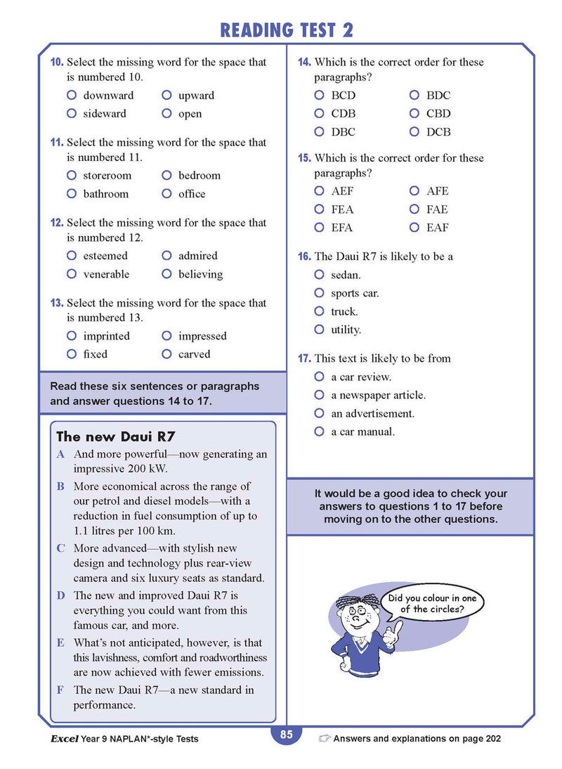 Sample interior page from the Excel NAPLAN-style Tests Year 9 workbook, as shown in the Pascal Press product gallery