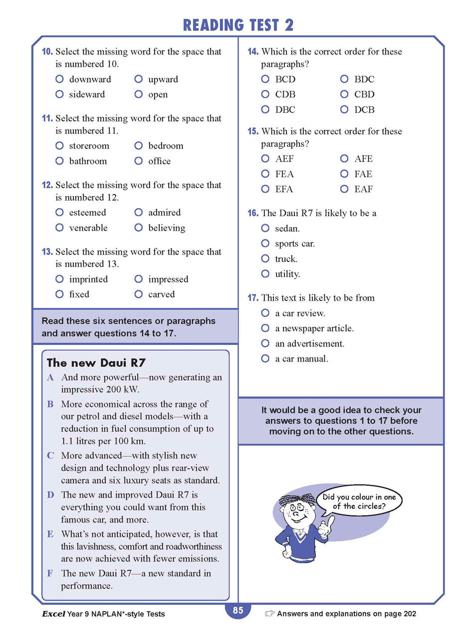 Sample interior page from the Excel NAPLAN-style Tests Year 9 workbook, as shown in the Pascal Press product gallery