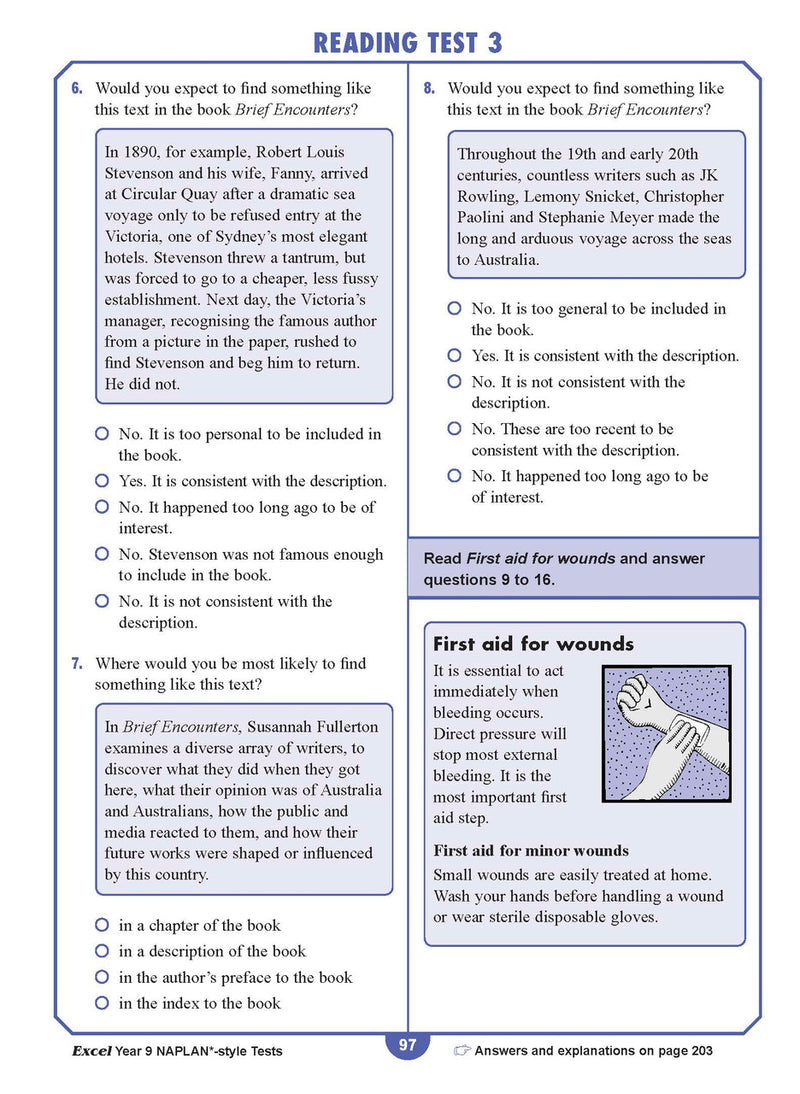 Sample interior page from the Excel NAPLAN-style Tests Year 9 workbook, as shown in the Pascal Press product gallery