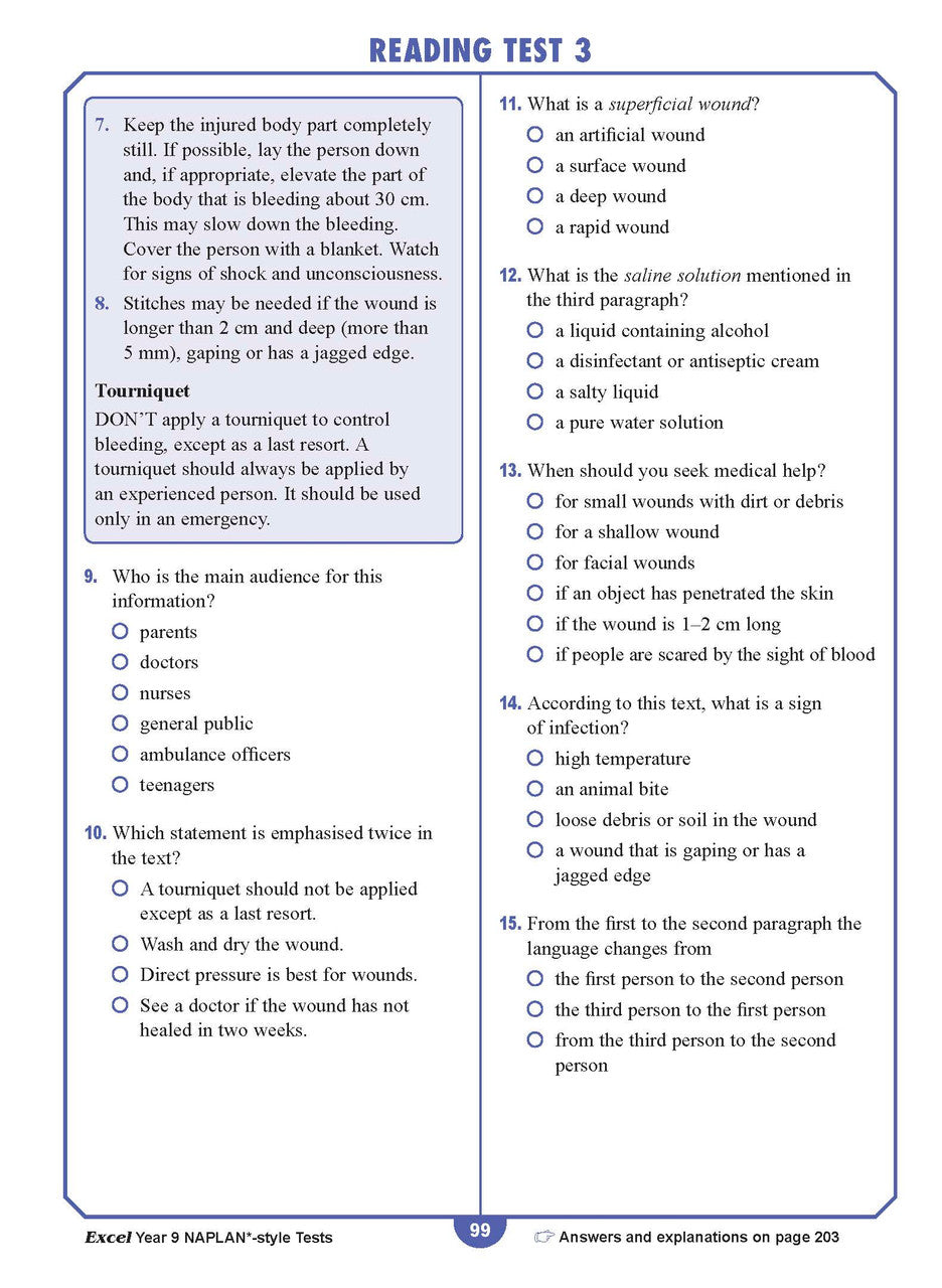 Sample interior page from the Excel NAPLAN-style Tests Year 9 workbook, as shown in the Pascal Press product gallery