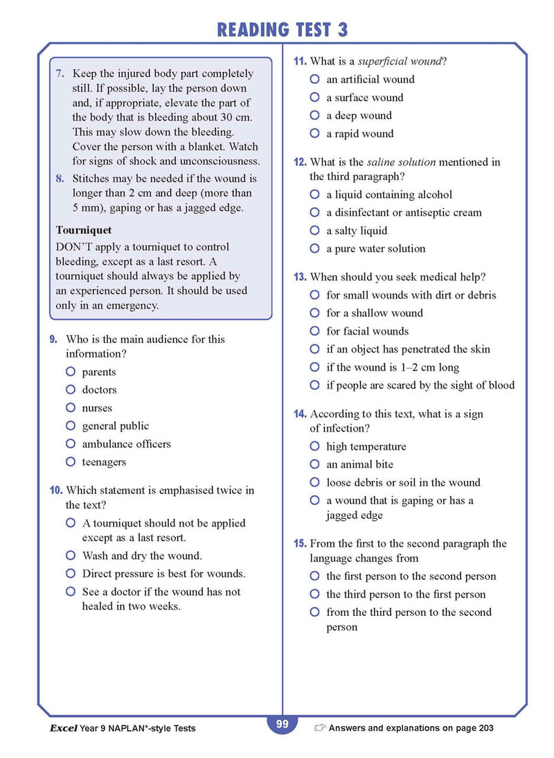 Sample interior page from the Excel NAPLAN-style Tests Year 9 workbook, as shown in the Pascal Press product gallery