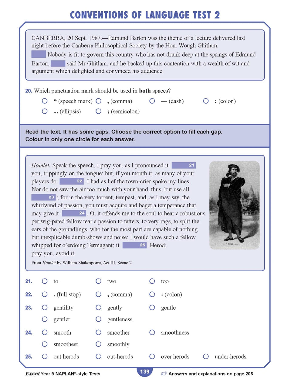 Sample interior page from the Excel NAPLAN-style Tests Year 9 workbook, as shown in the Pascal Press product gallery