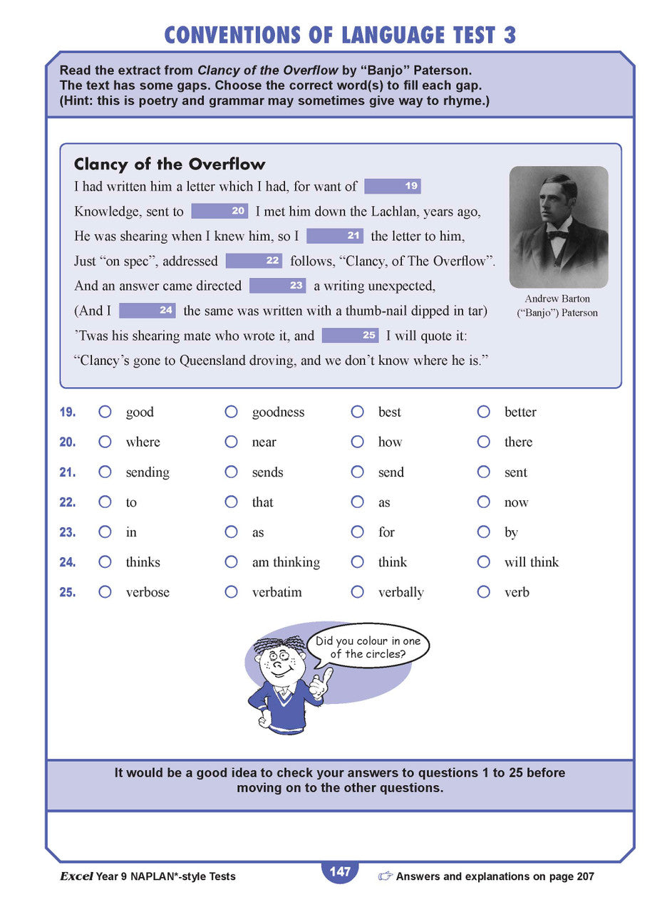 Sample interior page from the Excel NAPLAN-style Tests Year 9 workbook, as shown in the Pascal Press product gallery