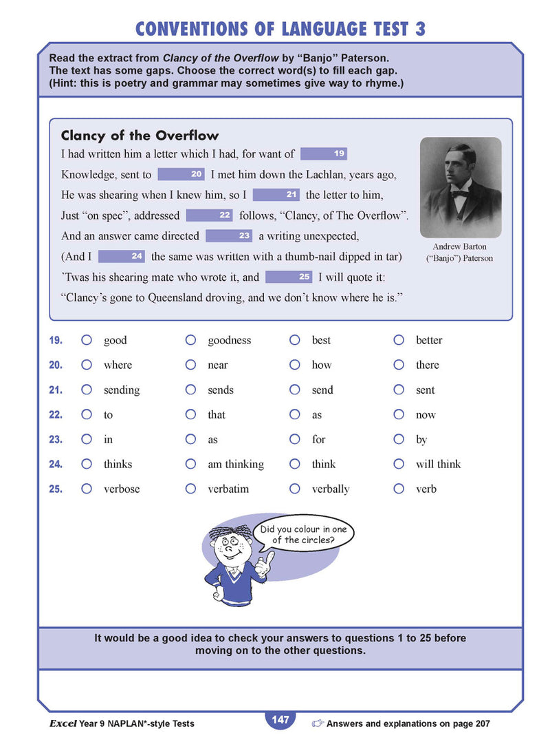 Sample interior page from the Excel NAPLAN-style Tests Year 9 workbook, as shown in the Pascal Press product gallery