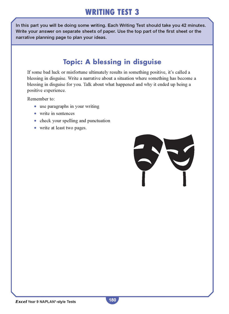 Sample interior page from the Excel NAPLAN-style Tests Year 9 workbook, as shown in the Pascal Press product gallery