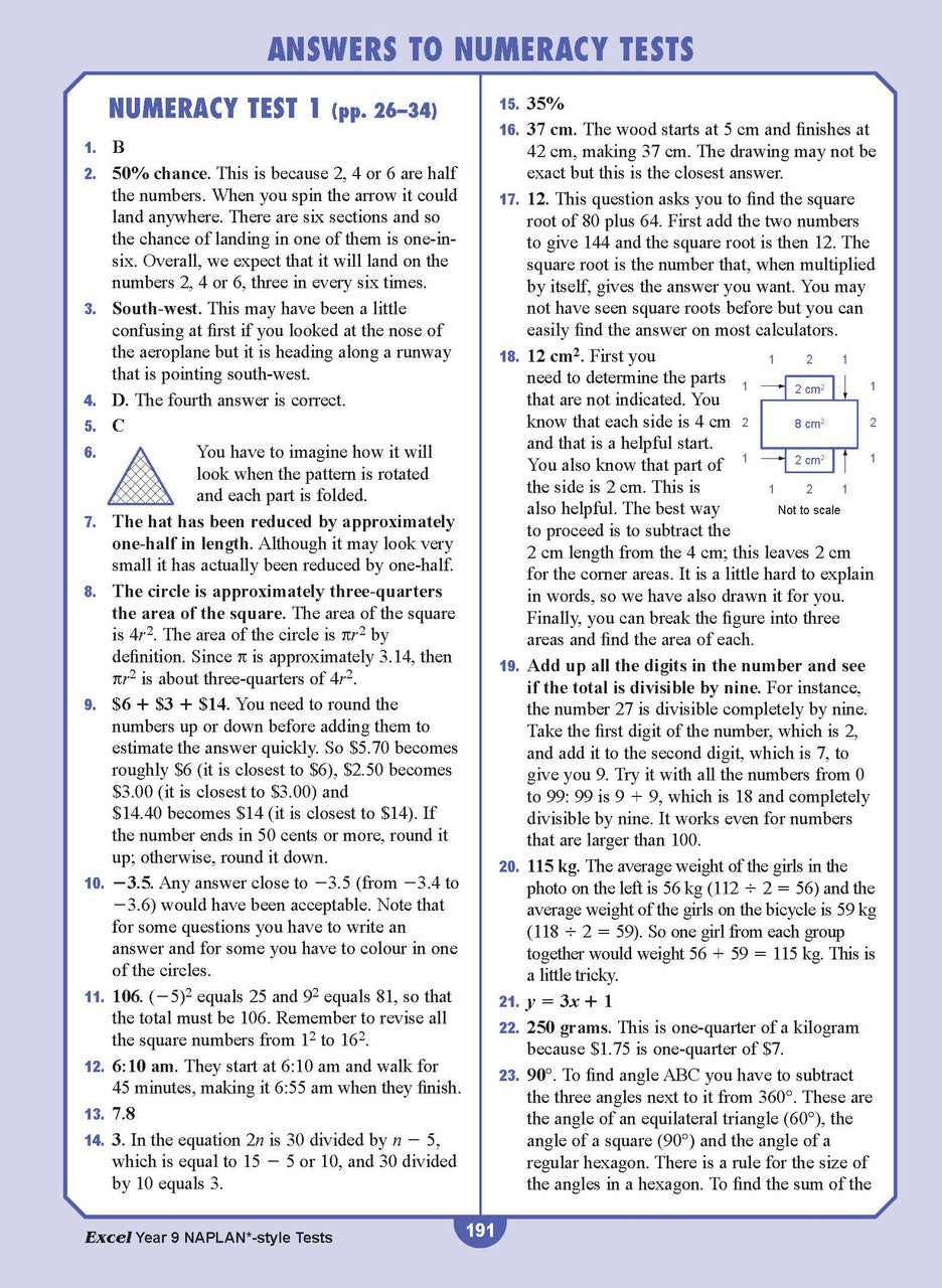 Sample interior page from the Excel NAPLAN-style Tests Year 9 workbook, as shown in the Pascal Press product gallery