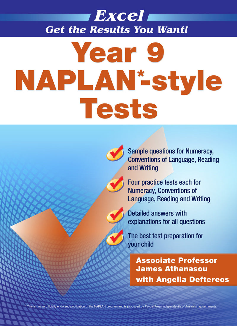 Front cover of the Excel NAPLAN-style Tests Year 9 workbook from Pascal Press, shown as the main product image