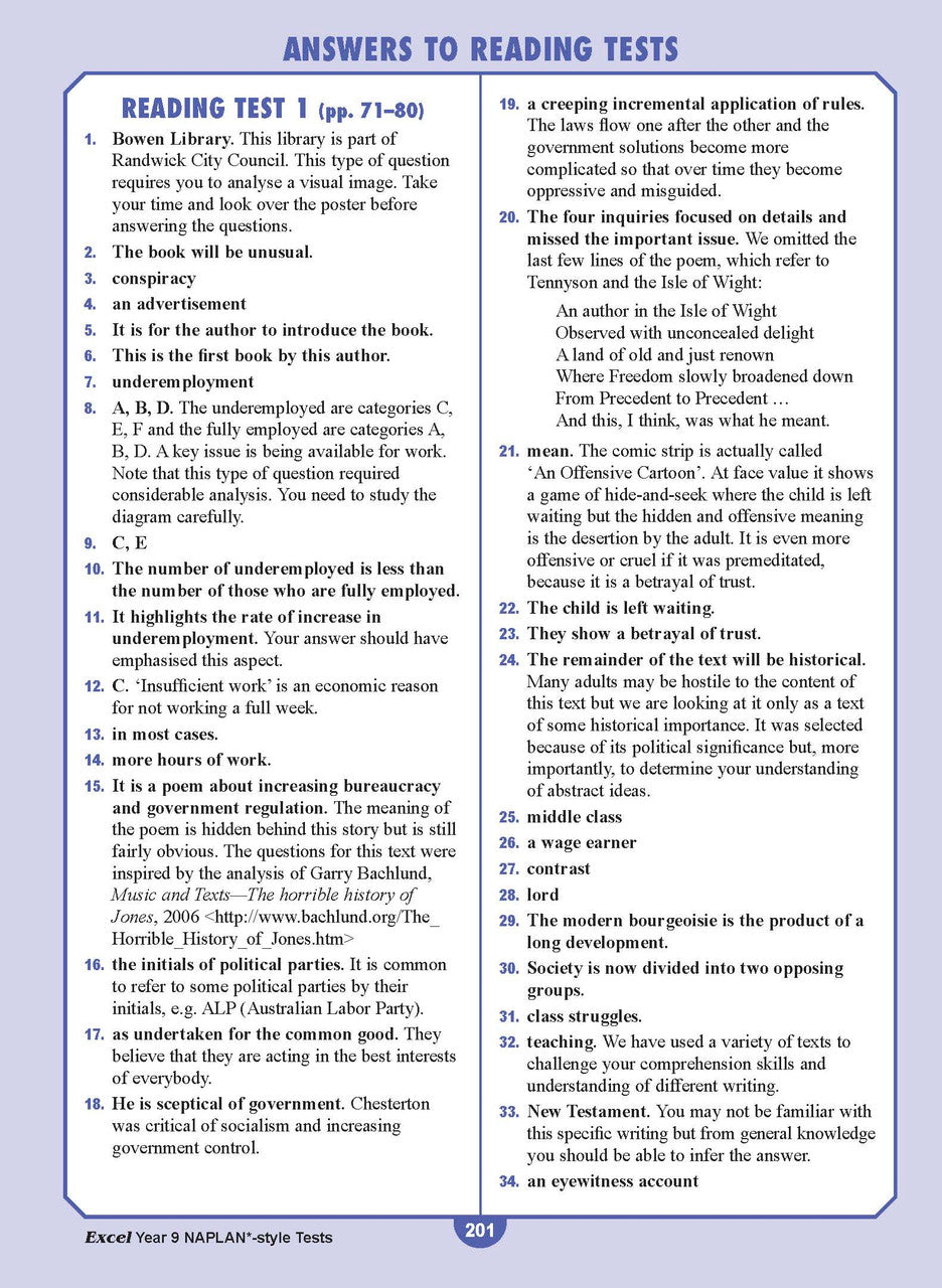 Sample interior page from the Excel NAPLAN-style Tests Year 9 workbook, as shown in the Pascal Press product gallery
