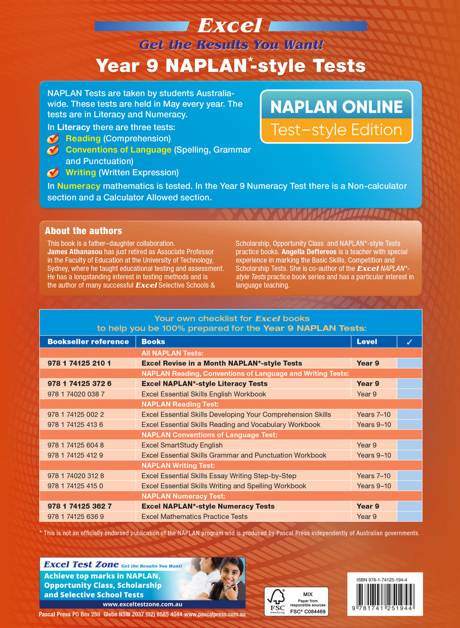 Back cover of the Excel NAPLAN-style Tests Year 9 workbook as shown in the Pascal Press product gallery