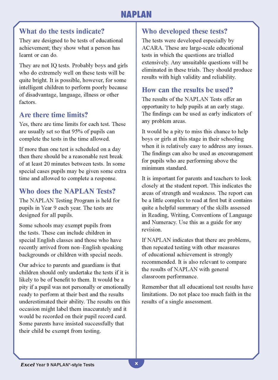 Sample interior page from the Excel NAPLAN-style Tests Year 9 workbook, as shown in the Pascal Press product gallery