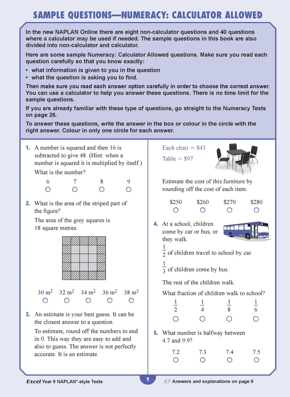 Sample interior page from the Excel NAPLAN-style Tests Year 9 workbook, as shown in the Pascal Press product gallery