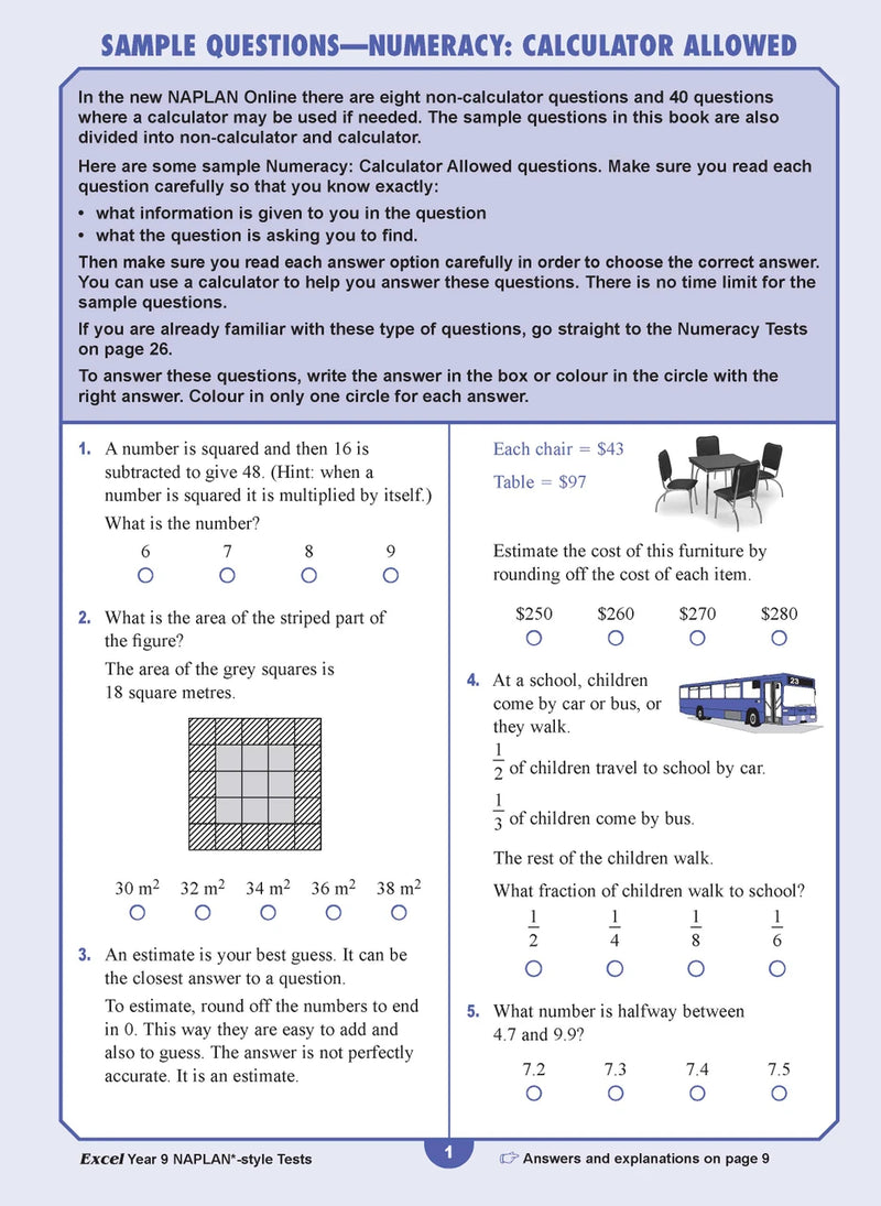 Sample interior page from the Excel NAPLAN-style Tests Year 9 workbook, as shown in the Pascal Press product gallery