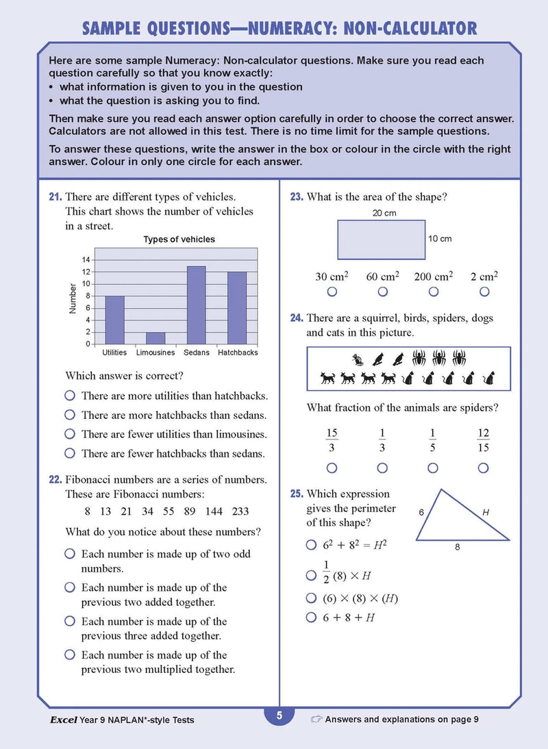Sample interior page from the Excel NAPLAN-style Tests Year 9 workbook, as shown in the Pascal Press product gallery