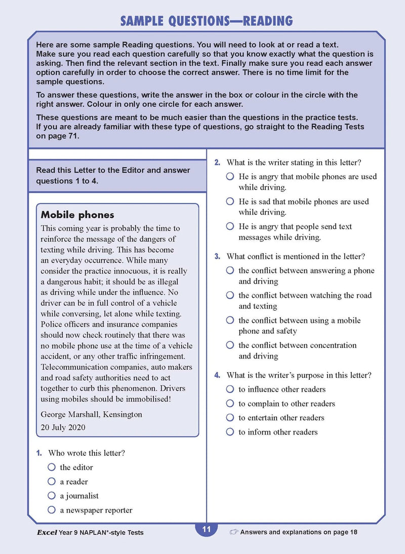 Sample interior page from the Excel NAPLAN-style Tests Year 9 workbook, as shown in the Pascal Press product gallery