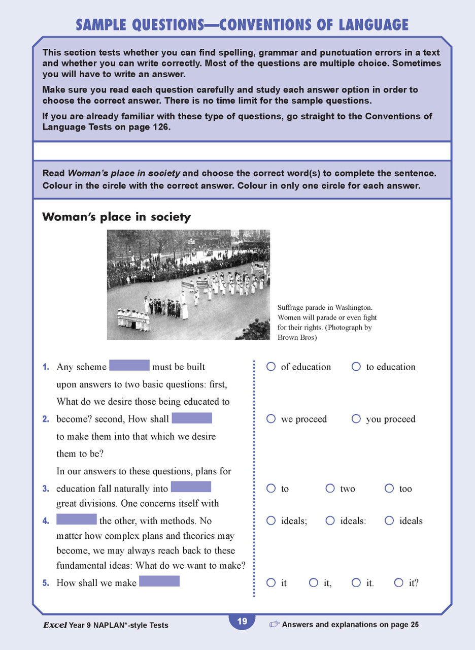 Sample interior page from the Excel NAPLAN-style Tests Year 9 workbook, as shown in the Pascal Press product gallery