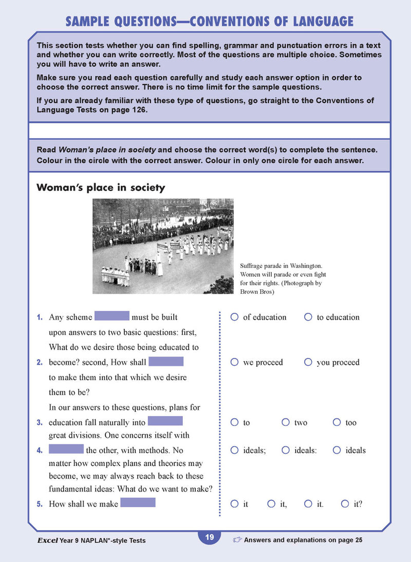 Sample interior page from the Excel NAPLAN-style Tests Year 9 workbook, as shown in the Pascal Press product gallery