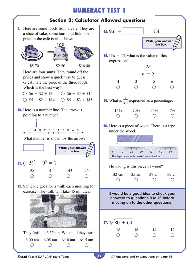 Sample interior page from the Excel NAPLAN-style Tests Year 9 workbook, as shown in the Pascal Press product gallery