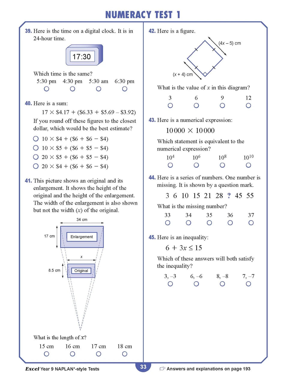 Sample interior page from the Excel NAPLAN-style Tests Year 9 workbook, as shown in the Pascal Press product gallery