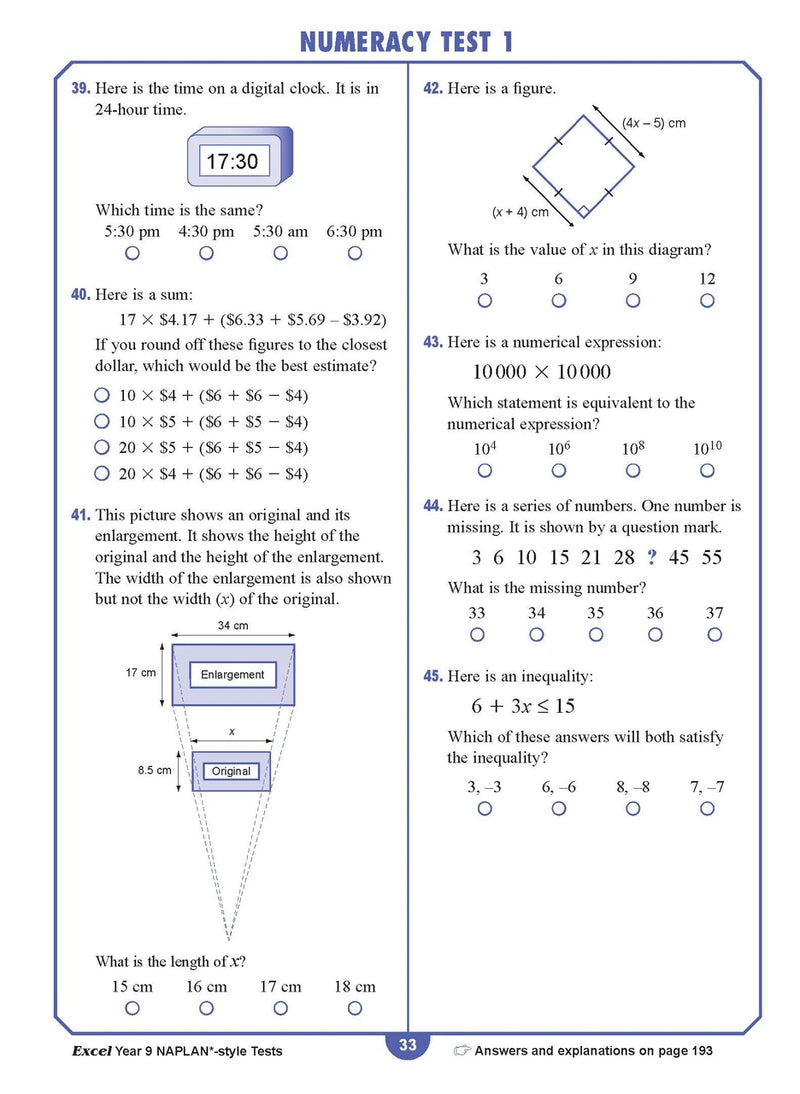Sample interior page from the Excel NAPLAN-style Tests Year 9 workbook, as shown in the Pascal Press product gallery
