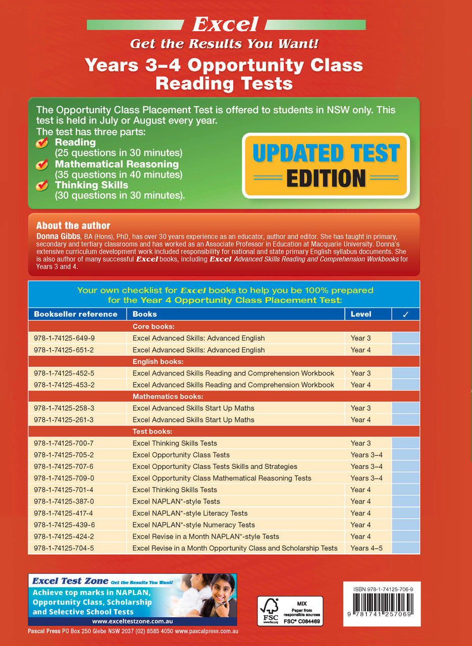 Sample interior page from the Excel Opportunity Class Reading Tests Years 3-4 workbook showing practice test material, as shown in the Pascal Press gallery