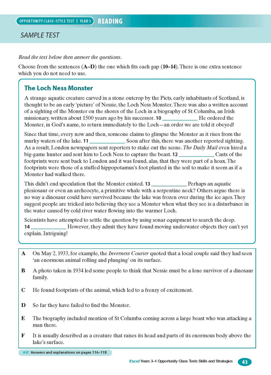 Sample interior page from the Excel Opportunity Class Tests Skills and Strategies Years 3-4 workbook showing practice test material, as shown in the Pascal Press gallery