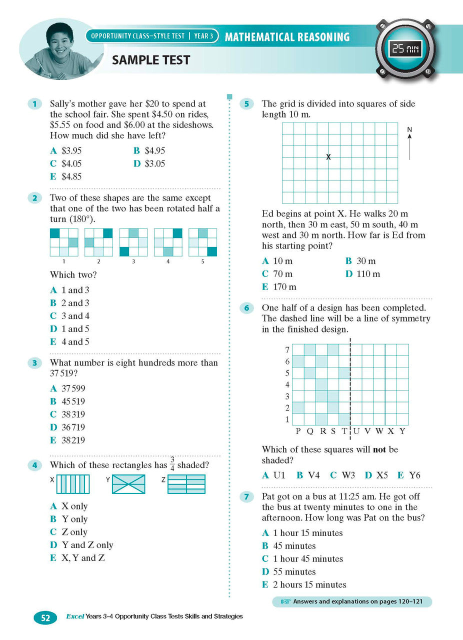 Sample interior page from the Excel Opportunity Class Tests Skills and Strategies Years 3-4 workbook showing practice test material, as shown in the Pascal Press gallery