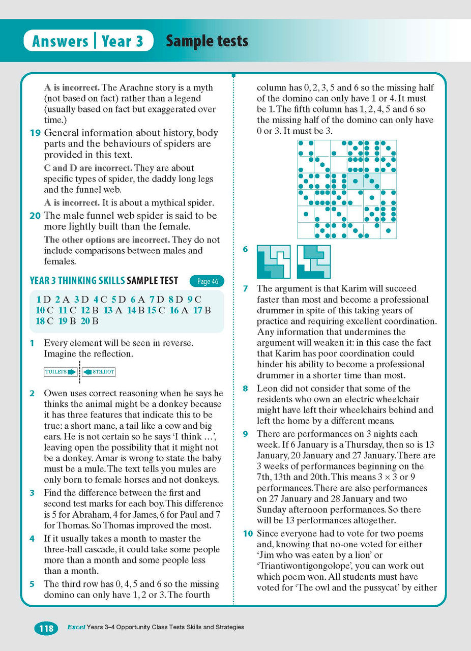 Sample interior page from the Excel Opportunity Class Tests Skills and Strategies Years 3-4 workbook showing practice test material, as shown in the Pascal Press gallery